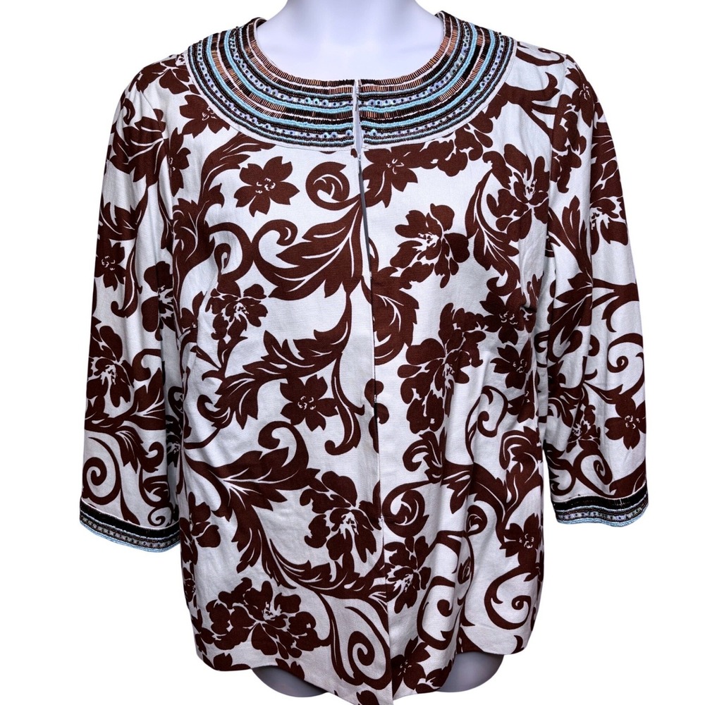 VICTOR COSTA Women Brown Blue Floral Beaded Jacket 1X Embellished Elegant Retro